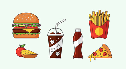 A delicious assortment of fast food items including a burger, pizza, fries, and a soft drink, ideal for graphic design