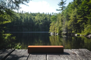 Wooden box on dock overlooking tranquil lake and forest.