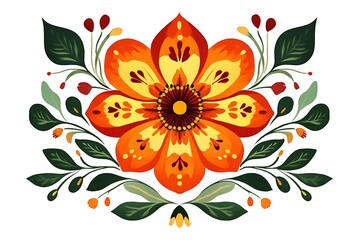Ornamental Flower with Orange Petals and Lush Green Leaves Isolated on White