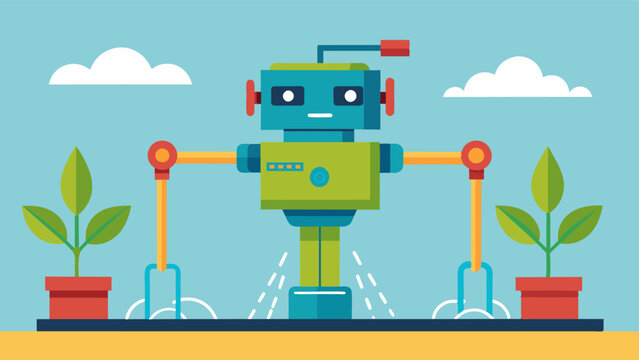 A robot with a builtin irrigation system capable of precisely watering each plant based on their individual needs.. Vector illustration