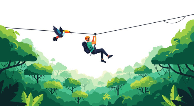 Person on a zipline through a lush green jungle with a toucan flying nearby.