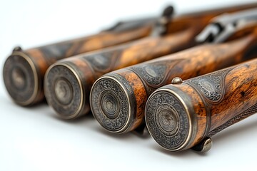 Ornamental Shotgun Barrels, Close Up on Decorative Engravings and Wood Grain Texture