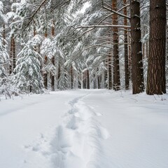 Fototapeta premium Snowy Forest Path in Winter Wonderland.