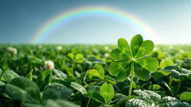 Four-leaf clover standing out in a lush green field with a vibrant rainbow arcing across the sky.