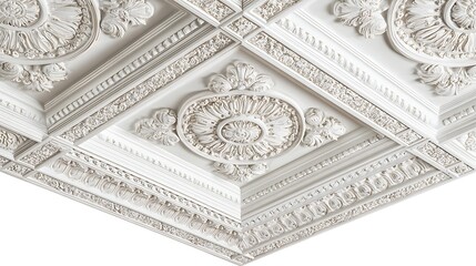Ornamental White Ceiling with Floral Plasterwork and Geometric Panel Design