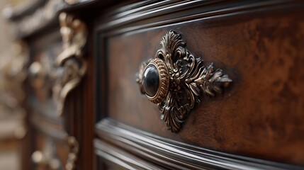Ornate Antique Brown Wood Cabinet with Gold Leaf Details and Shiny Black Knob