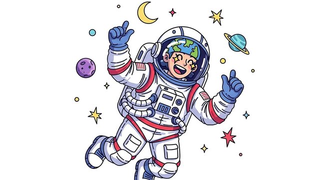 A joyful astronaut, depicted in a playful style, floats amidst celestial objects in a vibrant, colorful scene.