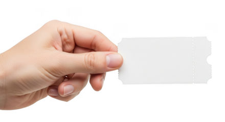 A hand holds a blank white ticket with perforated edges against a transparent background