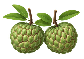 Fototapeta premium Fresh custard apples with green scaly skin and leaves, tropical fruit also known as sugar apple or sitaphal, healthy sweet exotic fruit isolated on white background