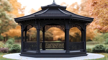 Ornate Black Gazebo Structure with Detailed Roof and Columns in Lush Outdoor Garden