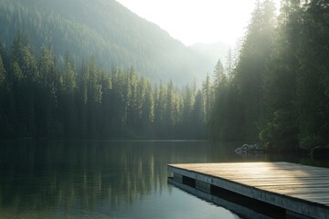 Serene sunrise over a calm lake with wooden dock.