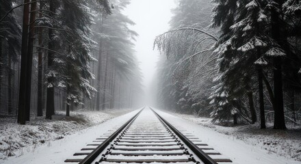 Snowy Railway Tracks Through a Winter Forest.