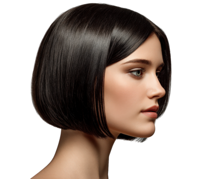 Short bob hairstyle brunette woman side profile smooth skin natural makeup elegant photo realistic mannequin head beauty fashion