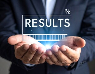 Business hands holding glowing results graphic