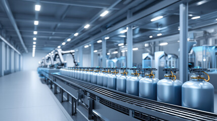 Liquid nitrogen storage tanks on automated conveyor in modern factory environment representing cryogenic technology and industrial safety.