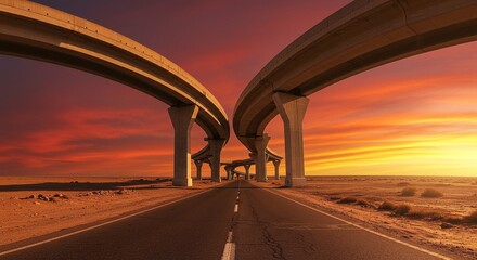 Fototapeta premium Surreal desert landscape with elevated roadways against a vibrant sunset, converging road and sky.