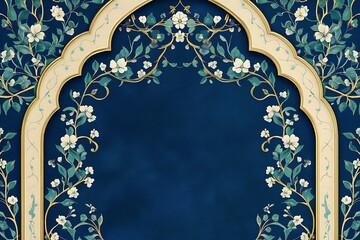 Ornate floral archway design with gold accents and a rich blue background