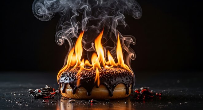 A captivating image of a chocolate-glazed donut ablaze with flames, surrounded by smoke and embers, set against a dark background.