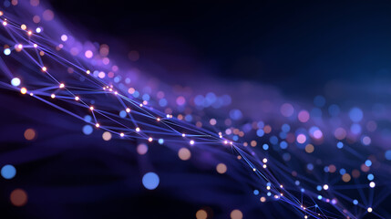 Digital Network Abstract: A stunning display of interconnected nodes and pathways, rendered in vibrant hues of blue and purple, evokes the complex world of technology, communication, and data flow. 