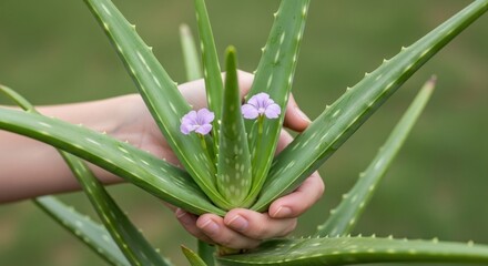 Obraz premium Fresh aloe vera leaves, held in a hand, display vibrant green foliage with delicate small purple flowers.