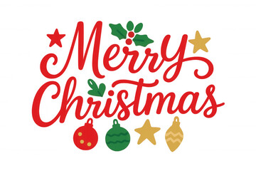 Christmas greeting phrase merry christmas in red script lettering adorned with holiday elements on a transparent background