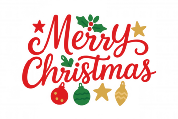 Christmas greeting phrase merry christmas in red script lettering adorned with holiday elements on a transparent background