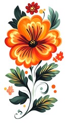Ornate Floral Arrangement with Petrykivka Style Orange Flowers on White