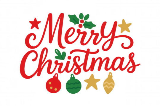 Christmas greeting phrase merry christmas in red script lettering adorned with holiday elements on a transparent background
