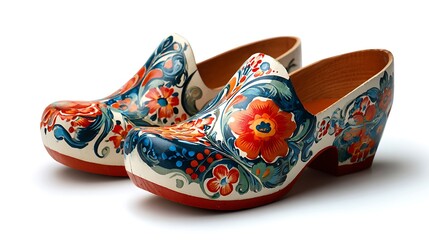 Ornate Floral Painted Dutch Wooden Clogs Isolated on White Background Traditional Footwear