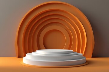 Obraz premium Modern display stand with vibrant orange backdrop for product showcase, a dynamic stage for presentations, or a captivating marketing campaign visual