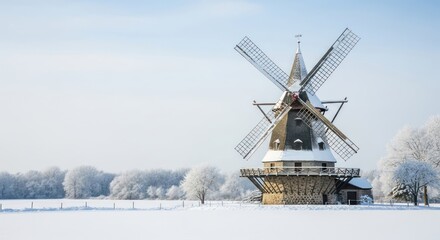 Traditional Dutch Windmill in a Snowy Winter Landscape.