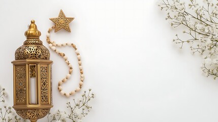 Ornate Gold Lantern with Star, Prayer Beads, and White Flowers on White Background