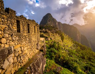 Ancient ruins at sunset in the Andes mountains