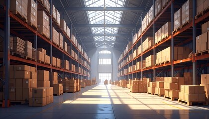 Well-lit Warehouse Interior with Organized Cardboard Boxes