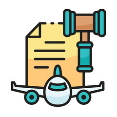 A gavel rests on a document above a stylized airplane