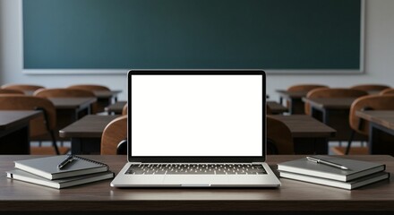 Fototapeta premium Laptop and notebooks on a desk in an empty classroom, symbolizing learning, education, digital tools, and the evolving educational landscape.