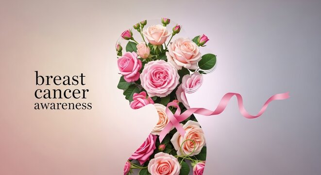 Breast Cancer Awareness Month October banner with pink ribbon and woman silhouette - hope and support design