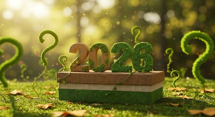The year 2026 is displayed in wooden and green numbers on a tiered box surrounded by green question mark plants in a lush, sunny garden.