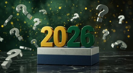 The year 2026 is prominently displayed amidst floating question marks, creating an atmosphere of uncertainty and anticipation.