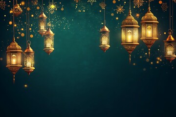 Ornate Golden Lanterns and Sparkling Decorations on Emerald Green Background for Festive Occasion