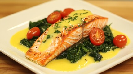 Pan-seared salmon fillet with lemon butter sauce, spinach, and cherry tomatoes.