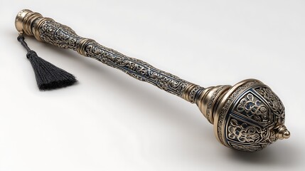 Ornate Golden Mace with Intricate Engravings and Black Tassel Laying on a White Surface