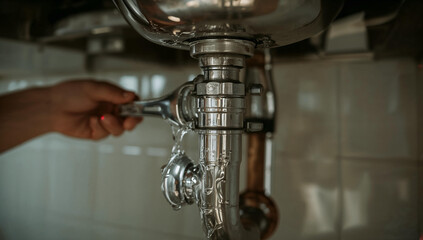 Plumber Hands Fixing Pipe Under Sink
