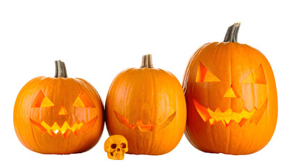 Three jackolanterns and a skull isolated on transparent background for halloween