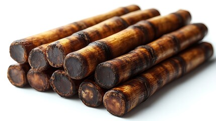 Stacked Bamboo Sticks Segments, Light Brown Color, Wooden, Pile, White Backdrop