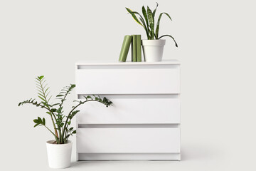 Modern chest of drawers with books and houseplants on white background