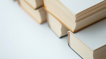Stacked Books Pile with Pages and White Covers Close Up on White Minimal Background