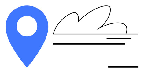 Blue location pin next to cloud and horizontal black lines suggests navigation, travel, GPS, geolocation, weather forecasting, planning, exploration, and connection. Perfect for simple flat metaphor