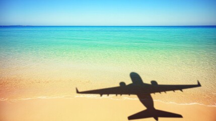 Airplane shadow on sunny beach.