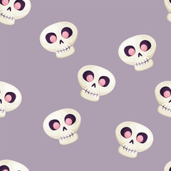 Vector seamless Halloween pattern with skulls featuring pink eyes on a lilac background. Great for wrapping paper, fabric, cards, invitations, posters, stickers, banners, decor and packaging